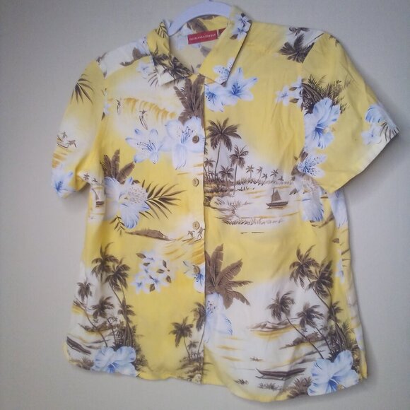 Gloria Vanderbilt Shirt Blouse S Button Short Sleeve Tropical Beach Yellow Brown - Picture 3 of 15